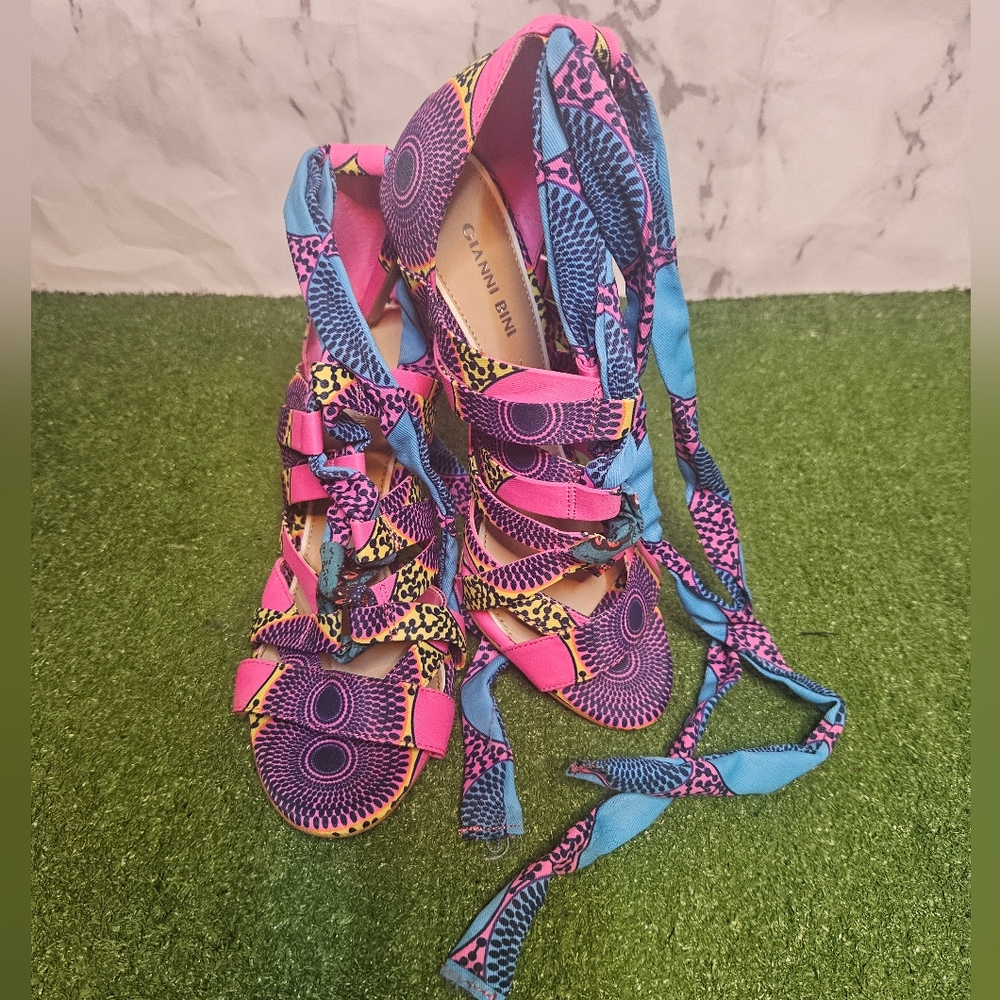 Gianni Bini Multi Color Lace Up Open Toe Heel Size 10